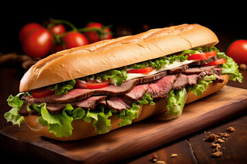 A delicious roast beef sandwich with swiss cheese, lettuce and tomato on a bread baguette on wooden table - obrazy, fototapety, plakaty