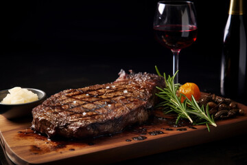 Grilled beef steak with herbs on a plate with a glass of wine, dark background