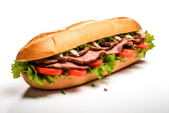 A delicious roast beef sandwich with swiss cheese, lettuce and tomato on a french bread baguette isolated on white background