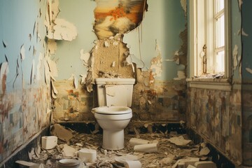 Bathroom wall opened, leaking pipe leads to rubble. Generative AI