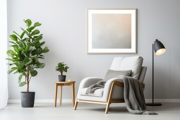 A simple living space adorned with plants, soft golden lighting, a gray recliner, and clean white walls. Generative AI