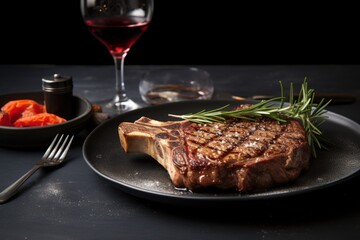 Juicy beef steak on dark plate with a glass of red wine