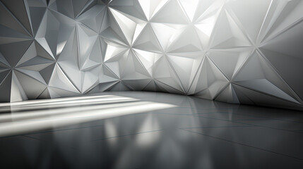 Abstract Geometry: White and Gray Wall with Triangles, Natural Light and Floor Reflections, Generative AI