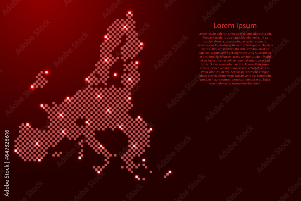 Poster european union countries map map from futuristic red checkered square grid pattern and glowing stars