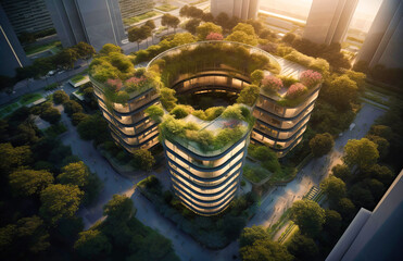 Drone Shot of Complex Towers with Landscaped Roof - obrazy, fototapety, plakaty