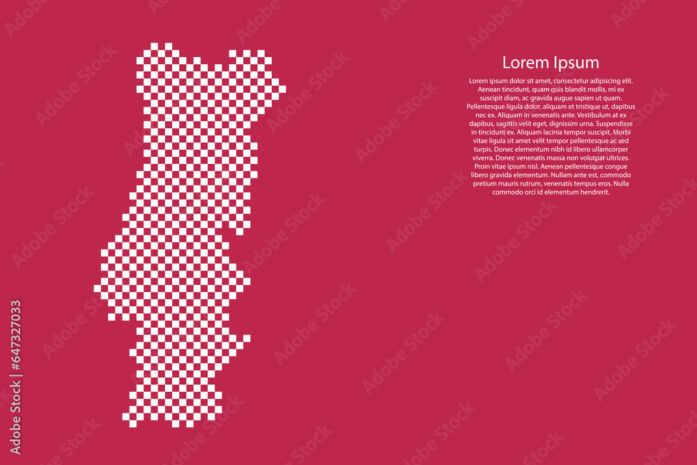 Poster portugal map country from checkered white square grid pattern on red viva magenta background