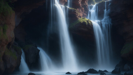 a stunning and highly detailed image of a mystical waterfall cascading down a cliffside, with the water appearing as liquid magic - AI Generative