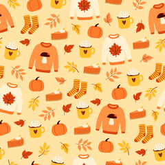 WebSeamless pattern with cute autumn elements. Colorful objects on beige background. Cartoon flat style. Vector illustration