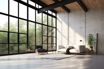 3D rendering of loft living room with white brick wall, polished concrete floor, and black steel structure. Large windows overlook nature. Generative AI