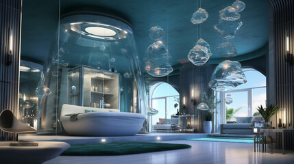 a modern, luxurious, futuristic bathroom with a vaulted ceiling. with lamps hanging from the ceiling. free-standing shower and a curved glass bathtub