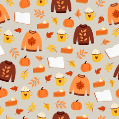 Seamless pattern with cute autumn elements. Colorful objects on grey background. Cartoon flat style. Vector illustration