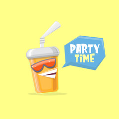 vector funny cartoon cuteorange party paper cola cup with straw and sunglasses isolated on yellow background. funky smiling summer drink character