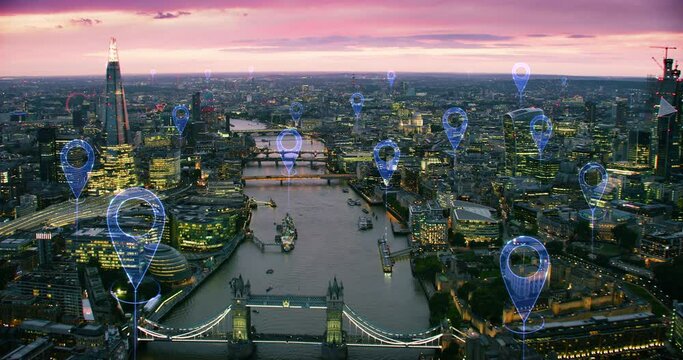 Localization Icons Over London. Famous Bridges and Buildings. Perfect to Illustrate Concepts as: Data Communication, Artificial Intelligence, IOT. Aerial View of Smart And Futuristic City. UK.