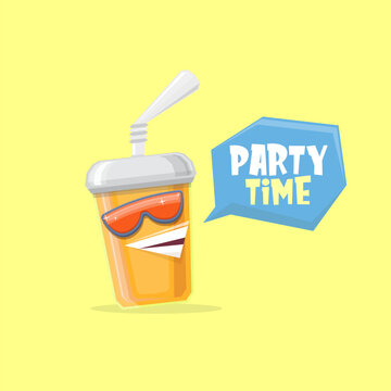 vector funny cartoon cuteorange party paper cola cup with straw and sunglasses isolated on yellow background. funky smiling summer drink character