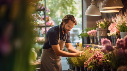 Young man working in a flower store