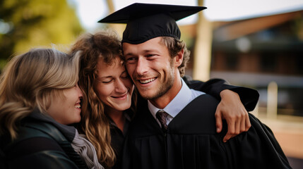 Happy smiling graduate hugs his parents after the graduation ceremony.