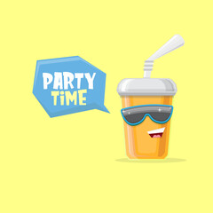 vector funny cartoon cuteorange party paper cola cup with straw and sunglasses isolated on yellow background. funky smiling summer drink character