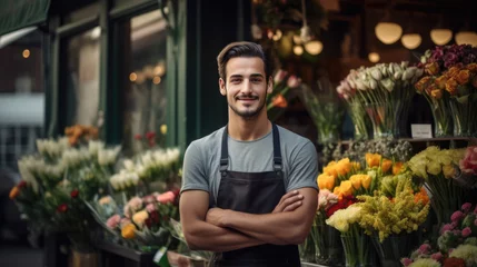 Poster Smiling man in apron with crossed arms standing against his flower shop © MP Studio