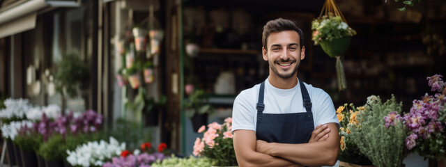 Smiling man in apron with crossed arms standing against his flower shop