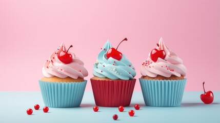 Background with delicious various cupcakes with cream on top. Bakery or homemade pastries concept