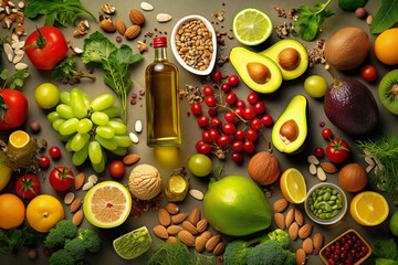 Border liver detox diet food concept, fruits, vegetables, nuts, olive oil, garlic. - obrazy, fototapety, plakaty