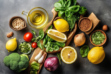 Obraz na płótnie Canvas Border liver detox diet food concept, fruits, vegetables, nuts, olive oil, garlic.