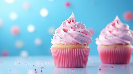 Background with delicious various cupcakes with cream on top and free place for text. Bakery or homemade pastries concept