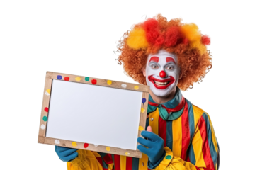 funny clown with blank board cut out transparent isolated on white background ,PNG file ,artwork graphic design illustration.