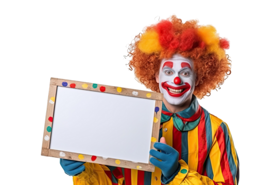 funny clown with blank board cut out transparent isolated on white background ,PNG file ,artwork graphic design illustration. - Powered by Adobe