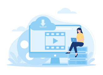 Multimedia on computer screen and people transferring files concept flat illustration