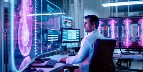 medical technology control room with genetic data storage. scientist working in a genetics lab, surrounded by monitors and data analysis equipment. Generative Ai