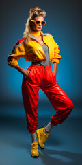 Sporty woman in Retro 80s colorful exercise suit fashion shoot in studio