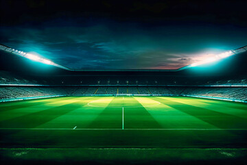 Football Stadium Aglow with Lights on Green Grass
