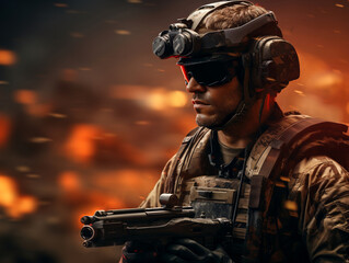 Fototapeta premium night vision device. Soldier Using Drone for Scouting During Military Operation. force on action with night vision device. Military warrior hold VR drone controller. Modern War. glasses. Generative ai