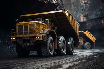 Large yellow mining truck in coal open pit mine industry. Generative AI