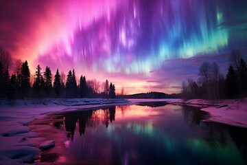 Enchanting and mesmerizing natural phenomena of vibrant lights in the northern skies. Generative AI - obrazy, fototapety, plakaty