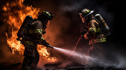 Portrait of a firefighters in equipment. Firefighters put out the fire