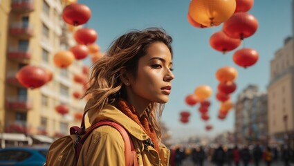 woman in the city with a backpack