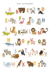 Obraz na płótnie Canvas Animal alphabet illustration, educational material, animals vector, kids vector, kindergarten illustration, classroom poster, educational wall art, animal alphabet vector