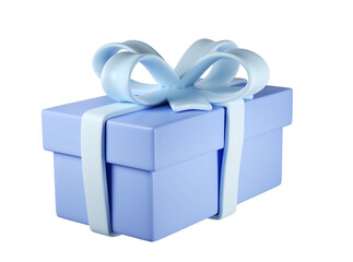 3d blue gift box icon with pastel ribbon bow transparent. Render modern holiday. Realistic icon for present, birthday or wedding banner