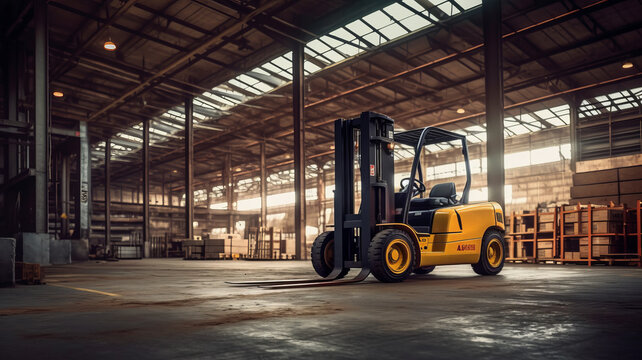Fototapeta photograph of A forklift lifting in industrial plant. telephoto lens realistic natural lighting