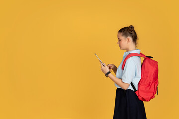 Serious european teen schoolgirl with backpack typing on phone at school