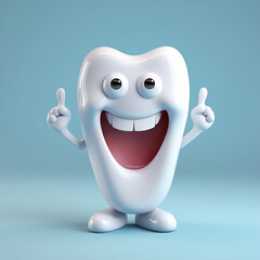 Happy healthy tooth character on a blue background. Generative AI illustration