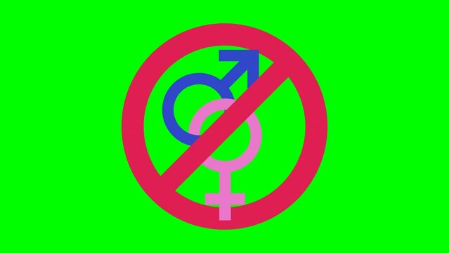 Animation of appearing and disappearing blue and pink heterosexual couple symbol ban crossed out on blue background, green background, transparency and white background in flat design style
