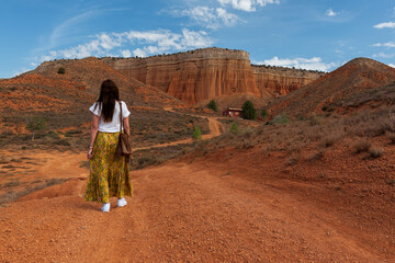 Woman contemplating the Red Canyon of Teruel, also known as Rambla de Barrachina