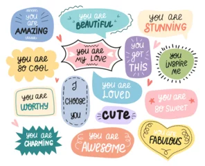  Set of inspirational speech bubbles with compliments, quotes about love for yourself and others. Vector typography for cards, posters, t-shirts, badges, stickers, etc. © Loya.art