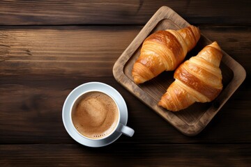 tasty croissant and coffee on wooden table breakfast