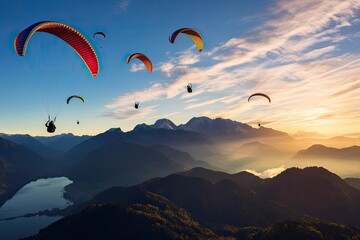 paragliding adventure flying with friends by the lake on mountain background at sunset