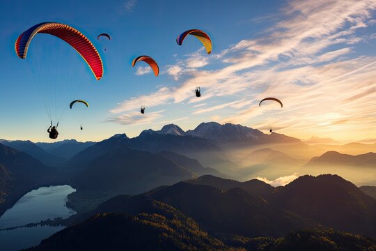 paragliding adventure flying with friends by the lake on mountain background at sunset