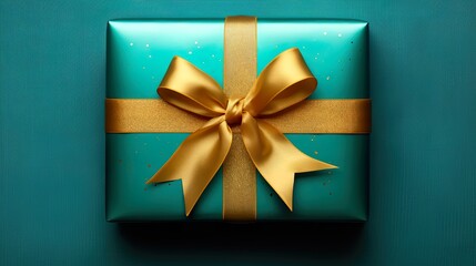 Golden ribbon, gold bow on a gift box. Christmas present. Celebration. Turquoise wrap paper and turquoise background for luxury celebration, surprise. Beautiful colorful package, box with knot. 